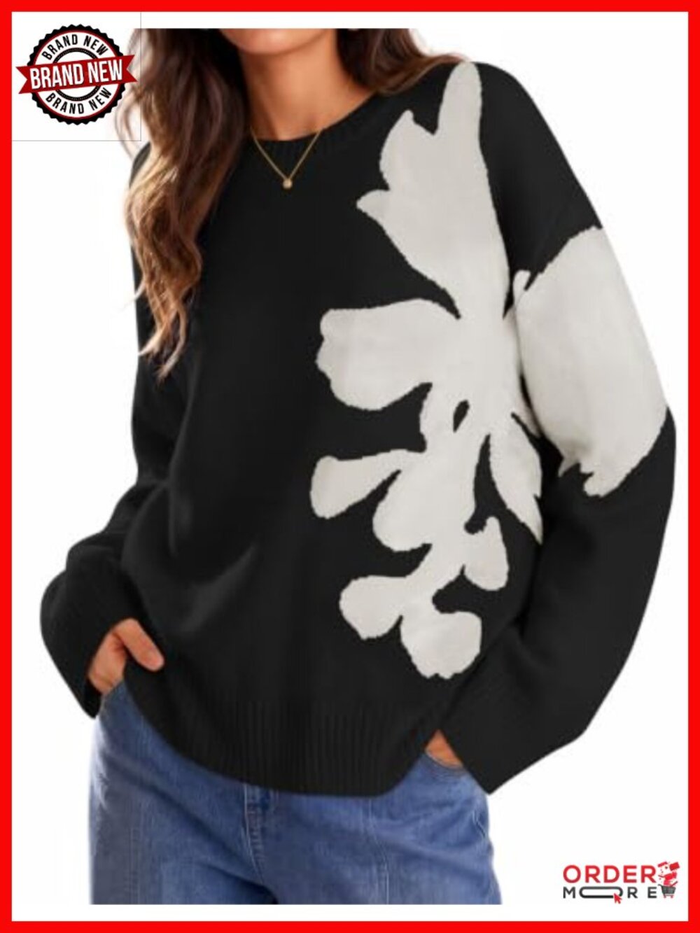Womens Floral Oversized Sweater Crew Neck Ribbed Knit Pullover